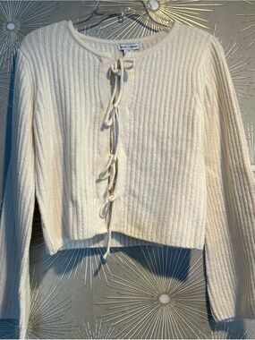 Ivory Ribbed Tie-Front Cardigan Sweater